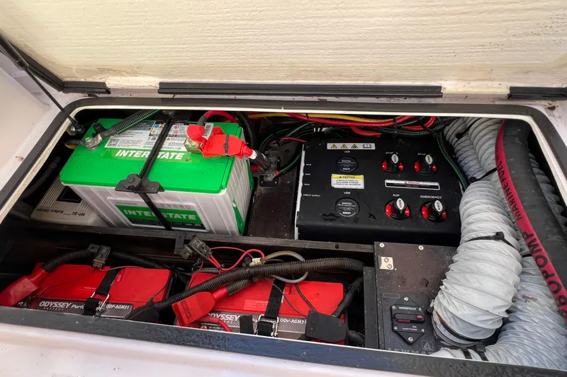  Yacht Photos Pics 2024 XO Boats EXPLR 10 S Plus battery compartment with Interstate and Odyssey batteries.
