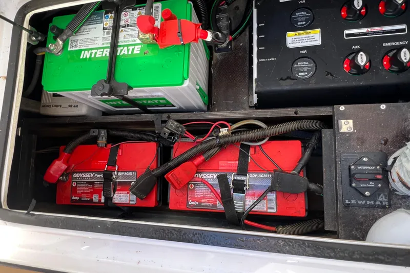  Yacht Photos Pics 2024 XO Boats EXPLR 10 S Plus battery compartment with Interstate and Odyssey batteries.