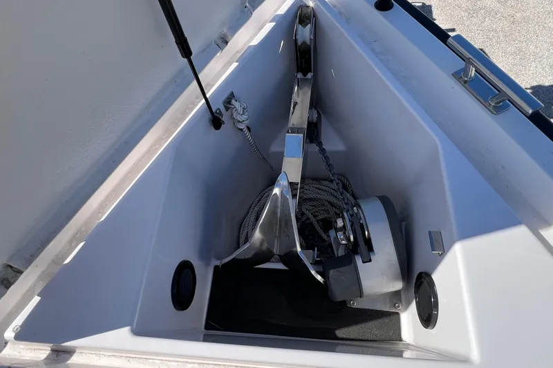  Yacht Photos Pics Anchor compartment of 2024 XO Boats EXPLR 10 S Plus, featuring modern design and equipment.