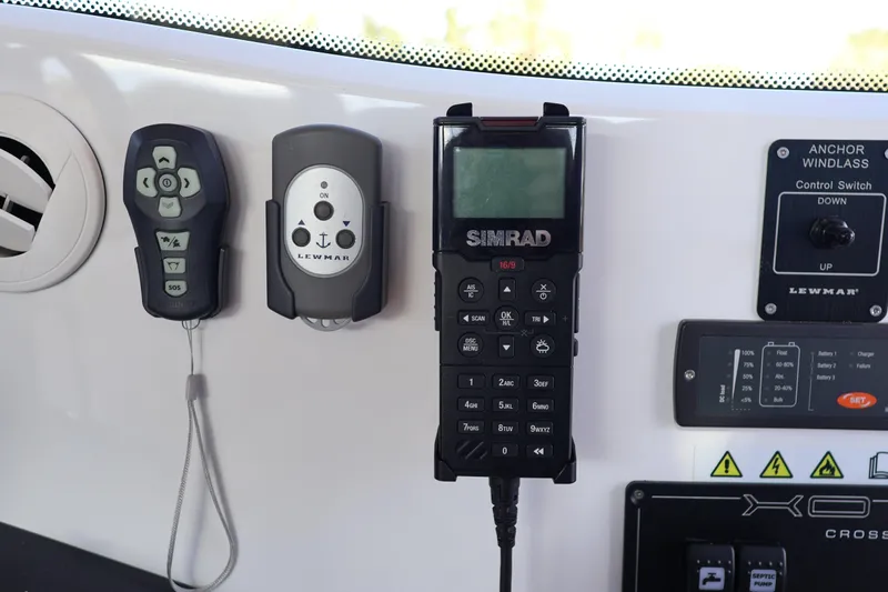  Yacht Photos Pics Control panel of 2024 XO Boats EXPLR 10 S Plus with Simrad and Lewmar devices.