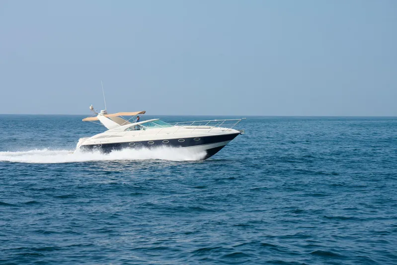 Back Up Plan Yacht Photos Pics Luxury Fairline 43 yacht cruising on open sea, 2001 model.