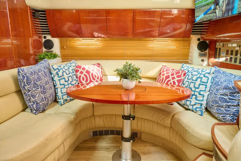 Back Up Plan Yacht Photos Pics Luxurious interior of 2001 Fairline 43 yacht with plush seating and decorative cushions.