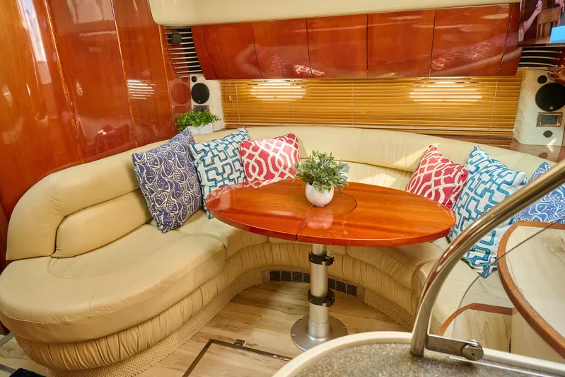 Back Up Plan Yacht Photos Pics Luxurious interior of 2001 Fairline 43 yacht with plush seating and decorative cushions.