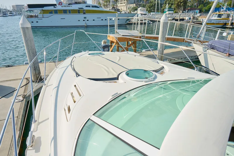 Back Up Plan Yacht Photos Pics 2001 Fairline 43 yacht docked at marina, showcasing sleek design and spacious deck.