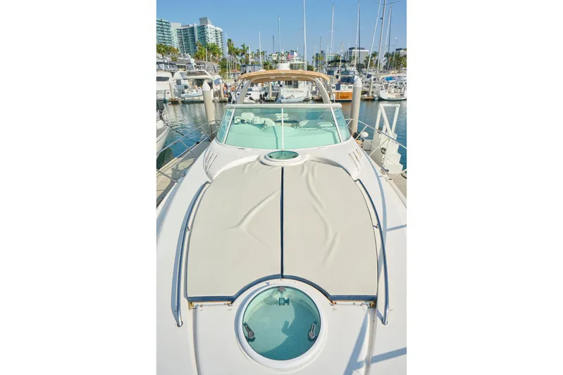 Back Up Plan Yacht Photos Pics 2001 Fairline 43 yacht docked in marina, showcasing sleek design and spacious deck.