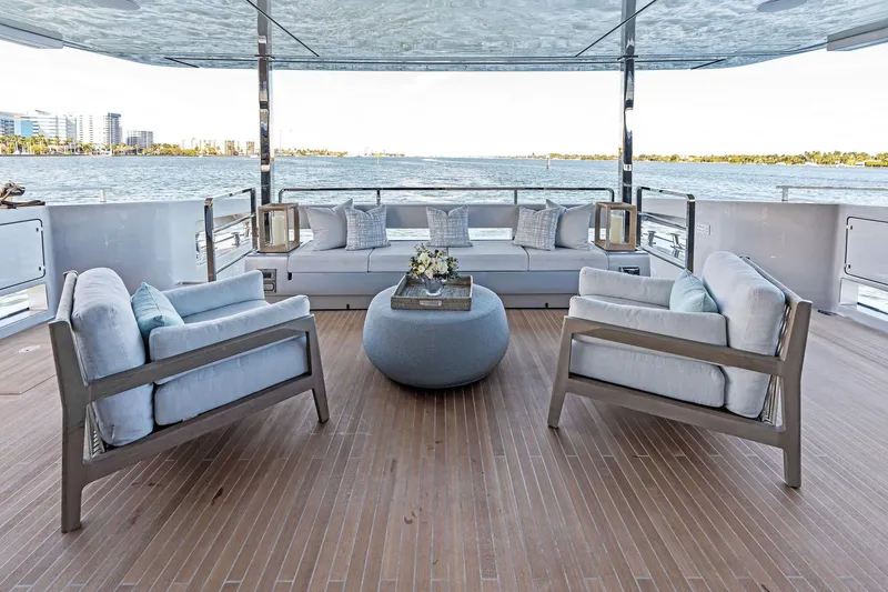 Tenacious Yacht Photos Pics Luxurious deck of 2025 Riva 130' Bellissima yacht with elegant seating and ocean view.