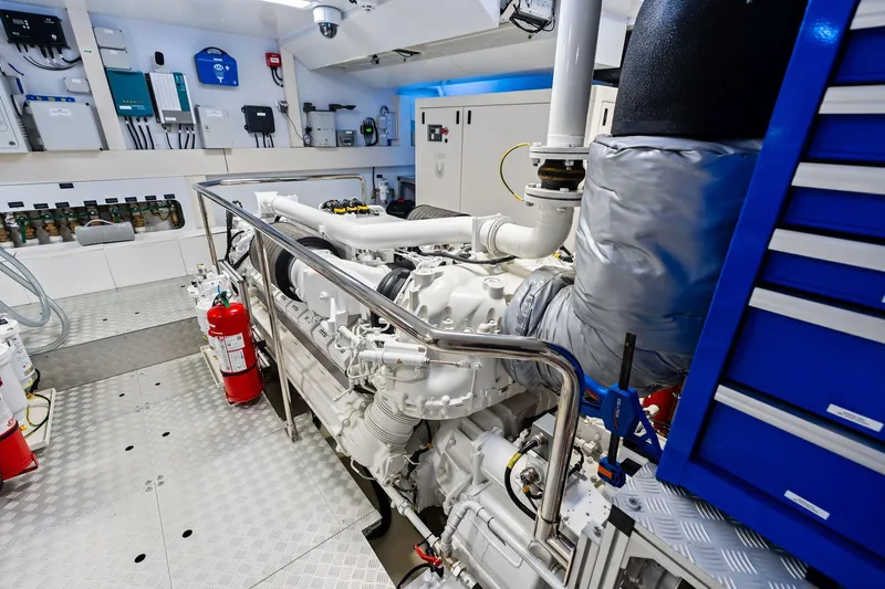 Tenacious Yacht Photos Pics Engine room of 2025 Riva 130' Bellissima yacht, featuring advanced machinery and equipment.