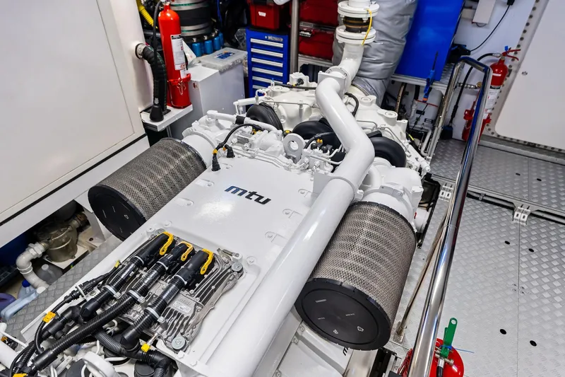 Tenacious Yacht Photos Pics Engine room of 2025 Riva 130' Bellissima yacht featuring MTU engine components.