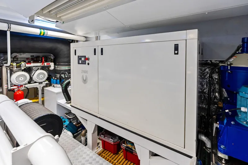 Tenacious Yacht Photos Pics Engine room of 2025 Riva 130' Bellissima yacht, featuring advanced machinery and equipment.