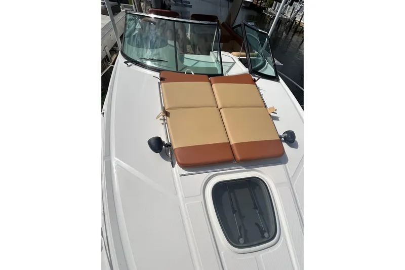 Mr Bojangles Yacht Photos Pics 2014 Sea Ray 370 Venture boat with sunpad and windshield, docked at marina.