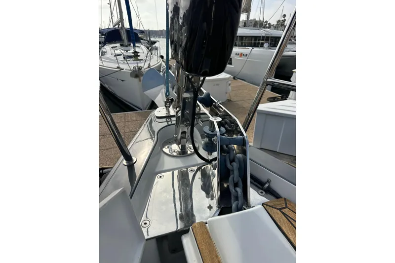 Imagine Yacht Photos Pics Jeanneau 64 yacht anchor chain and deck details, 2017 model, docked in marina.