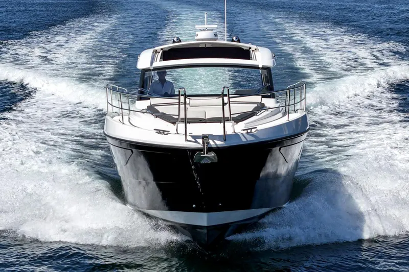 Bag Secured Yacht Photos Pics 2023 Bavaria SR36 yacht cruising on open water, front view.