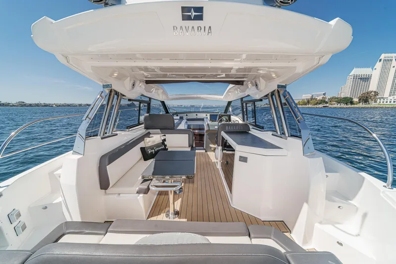 Bag Secured Yacht Photos Pics 2023 Bavaria SR36 yacht interior with sleek design and waterfront view.