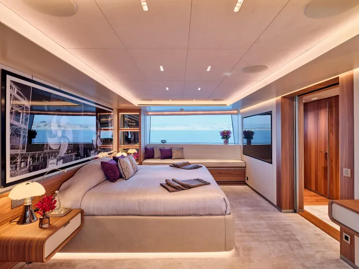 Para Bellum Yacht Photos Pics Luxurious Sanlorenzo 500EXP 2023 yacht bedroom with ocean view and modern decor.