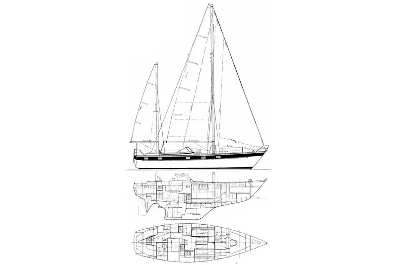 Raison D'etre Yacht Photos Pics Blueprint of 1988 Hallberg Rassy 42E sailboat, showcasing side and interior views.