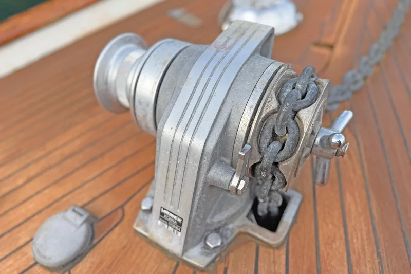 Raison D'etre Yacht Photos Pics Anchor windlass on 1988 Hallberg Rassy 42E yacht deck.
