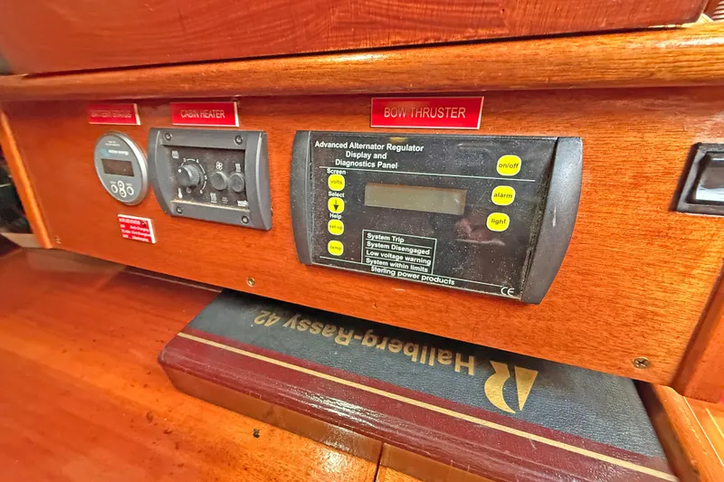 Raison D'etre Yacht Photos Pics Control panel of a 1988 Hallberg Rassy 42E sailboat with diagnostic display.