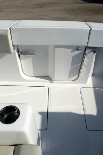  Yacht Photos Pics 2026 Front Runner 43 Catamaran deck with storage compartment and cup holder.