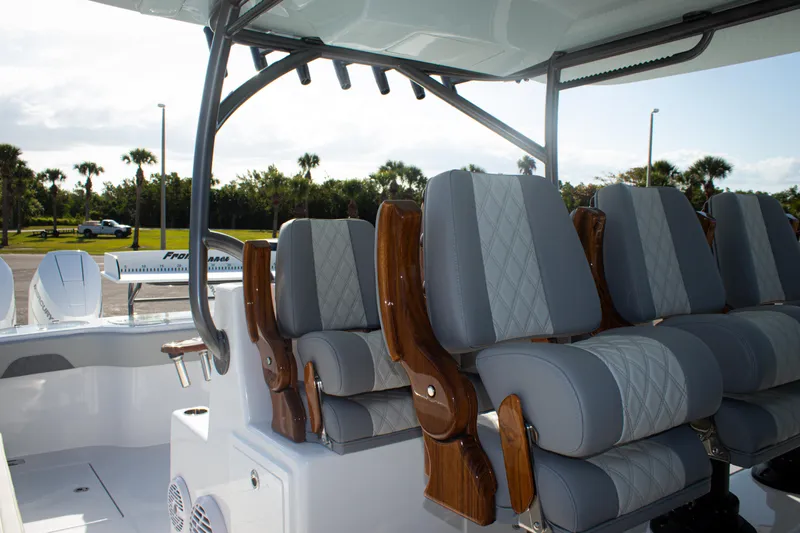  Yacht Photos Pics Luxurious seating on 2026 Front Runner 43 Catamaran with elegant design and wood accents.