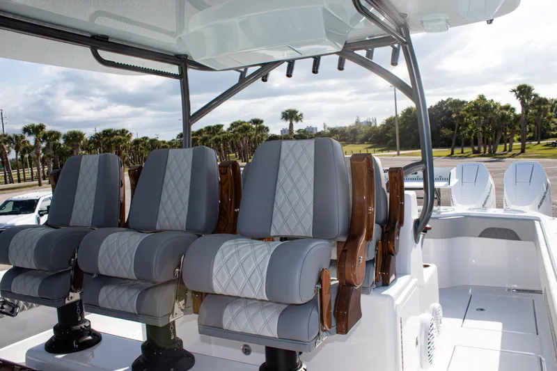  Yacht Photos Pics Luxury seating on 2026 Front Runner 43 Catamaran, featuring plush gray and white upholstery.