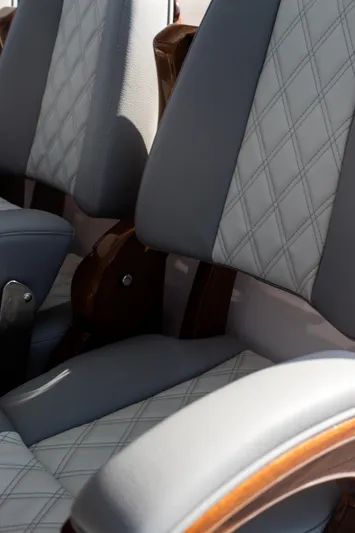  Yacht Photos Pics Luxury seating on 2026 Front Runner 43 Catamaran with diamond-stitched upholstery.