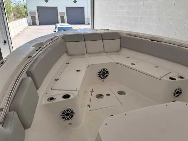 Black Label Marine Yacht Photos Pics 2023 Sea Fox 328 Commander boat interior with seating and storage compartments.