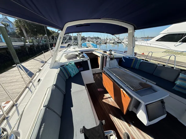 Overkill Yacht Photos Pics Beneteau Oceanis 48 sailboat cockpit, 2016 model, docked.