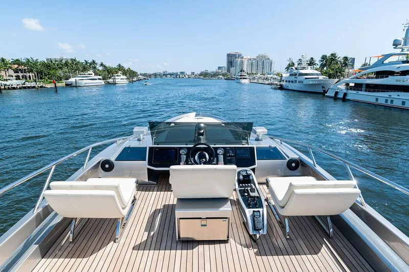 Phoenix Rising Yacht Photos Pics Luxurious 2017 Pershing 82 yacht cruising in a scenic marina with modern amenities.
