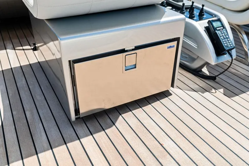 Phoenix Rising Yacht Photos Pics Stainless steel storage unit on 2017 Pershing 82 yacht deck.