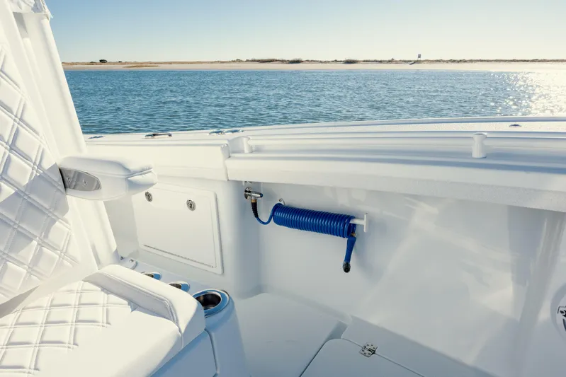  Yacht Photos Pics Interior view of 2025 Yellowfin 32 boat with ocean backdrop.