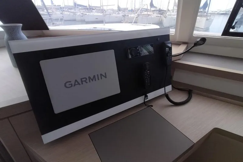  Yacht Photos Pics Garmin navigation system on 2021 Fountaine Pajot Catamaran Astrea 42 yacht interior.
