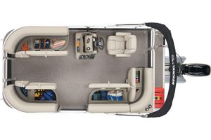 2025 Sun Tracker PARTY BARGE® 16 DLX pontoon boat, top view, spacious seating, modern design.