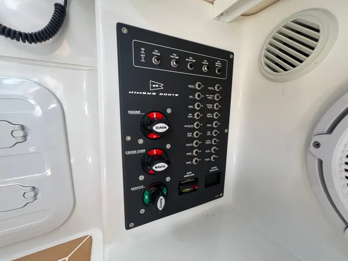 Mdr #297 In Stock Yacht Photos Pics Control panel of 2024 Nimbus W9 boat with switches and dials.