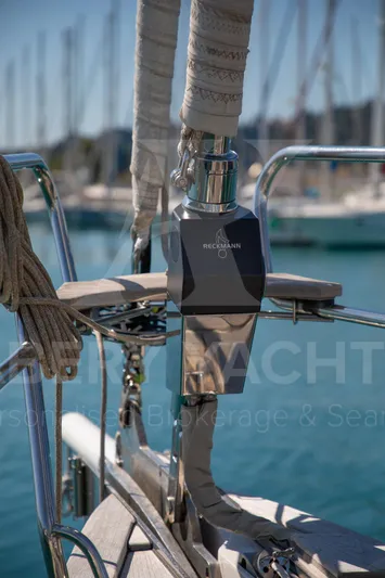 Satori Yacht Photos Pics Close-up of a 2005 Farr 64 yacht's deck and rigging in a marina.