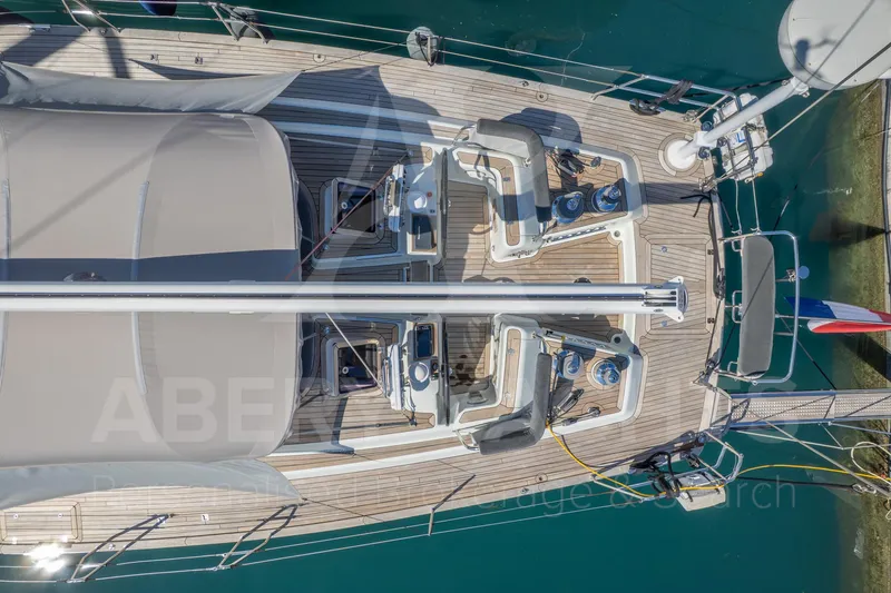 Satori Yacht Photos Pics Aerial view of 2005 Farr 64 yacht deck with dual helm stations.