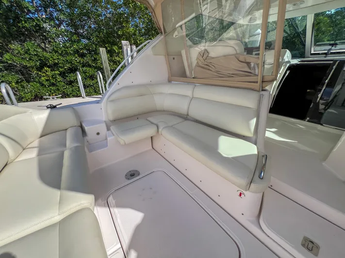 Yacht Photos Pics 2008 Tiara Yachts 3900 Sovran interior with white leather seating and spacious layout.