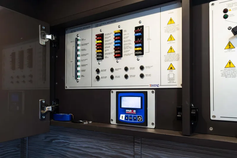 Amici Yacht Photos Pics Electrical panel inside 2019 Azimut Atlantis 43 yacht, featuring switches and warning labels.