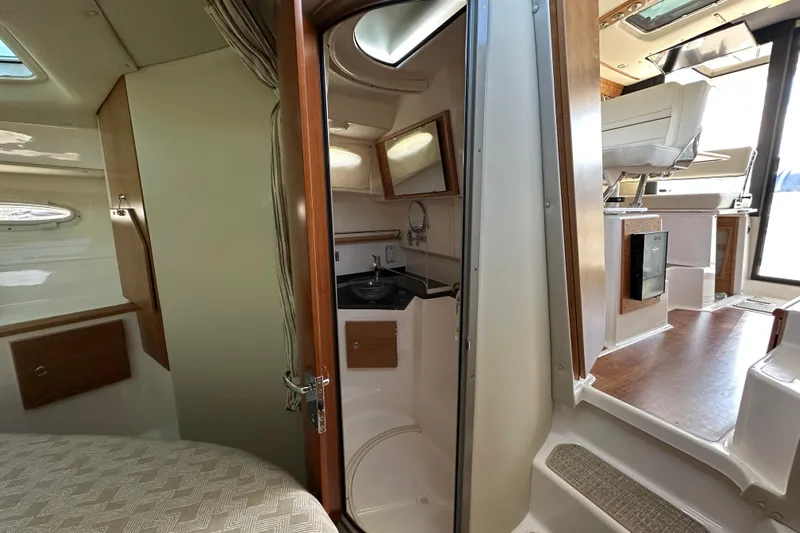  Yacht Photos Pics Interior of 2026 Cutwater C-32 C boat, featuring cabin and helm area.