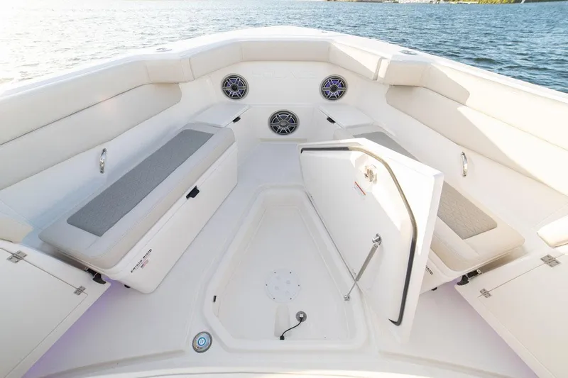  Yacht Photos Pics Manufacturer Provided Image: 2022 Solace 41 CS boat interior with seating and storage compartments.