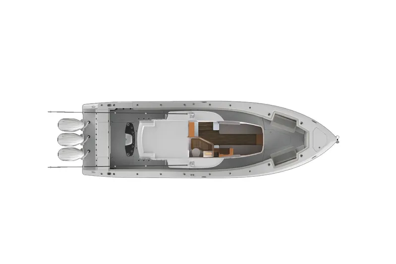 Yacht Photos Pics Manufacturer Provided Image: Top view of 2022 Solace 41 CS boat layout with triple outboard engines.
