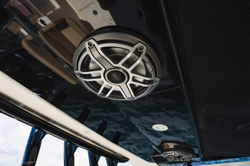  Yacht Photos Pics 2022 Scout 305 LXF boat speaker system close-up, showcasing premium audio equipment.