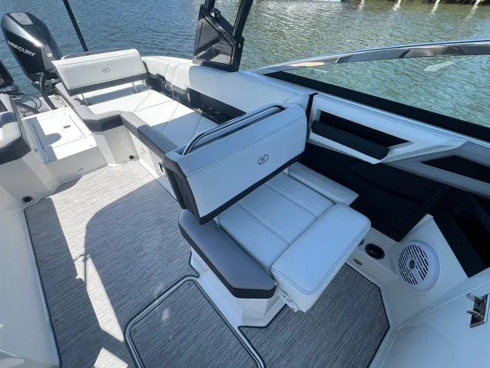  Yacht Photos Pics 2022 Cobalt R8 Outboard boat interior with white seating and modern design.