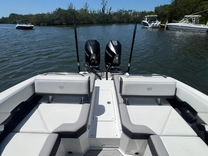  Yacht Photos Pics 2022 Cobalt R8 Outboard boat with dual engines on a calm lake.
