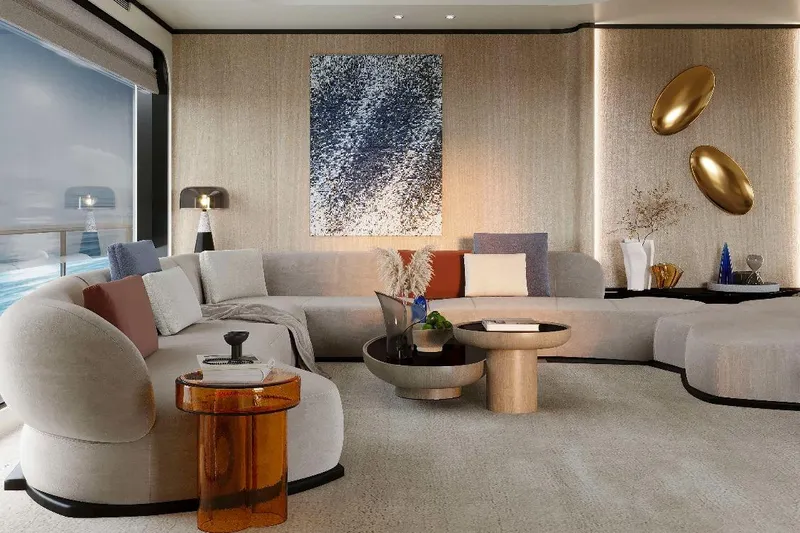 M/y Oxygen Yacht Photos Pics Luxurious interior of 2025 47m Expedition Yacht with modern decor and elegant furnishings.