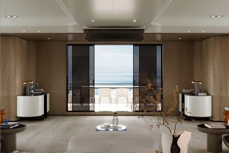M/y Oxygen Yacht Photos Pics Luxurious interior of 2025 47m Expedition Yacht with ocean view through large windows.