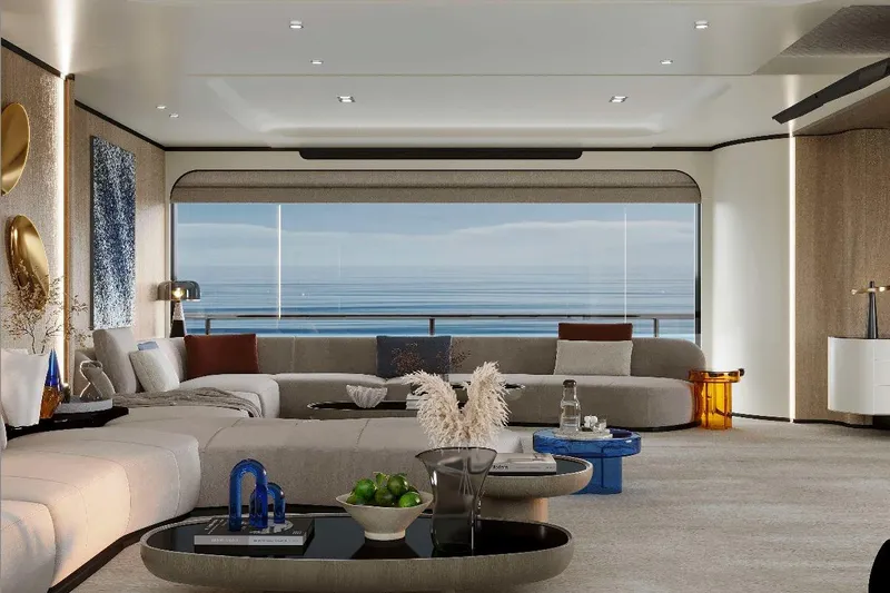M/y Oxygen Yacht Photos Pics Luxurious 2025 47m Expedition Yacht interior with modern decor and ocean view.