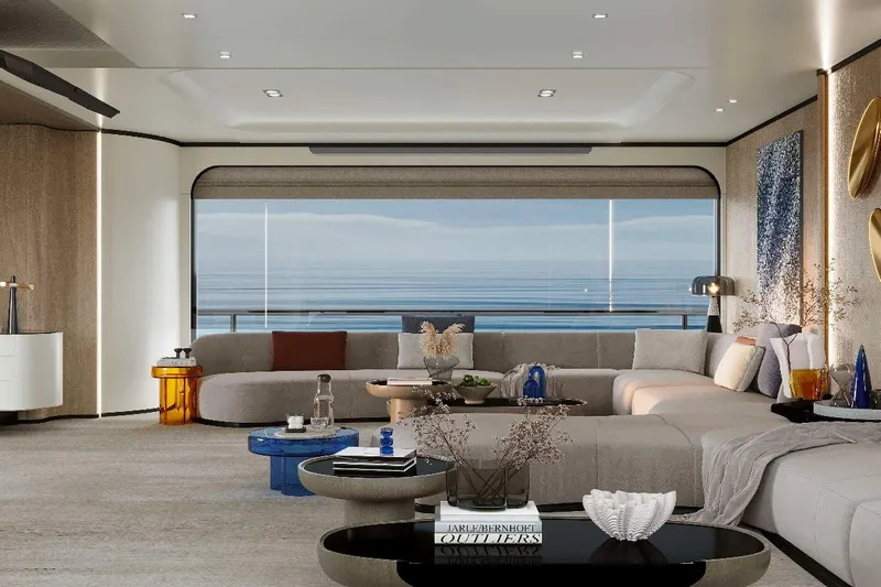 M/y Oxygen Yacht Photos Pics Luxurious interior of 2025 47m Expedition Yacht with ocean view and modern decor.