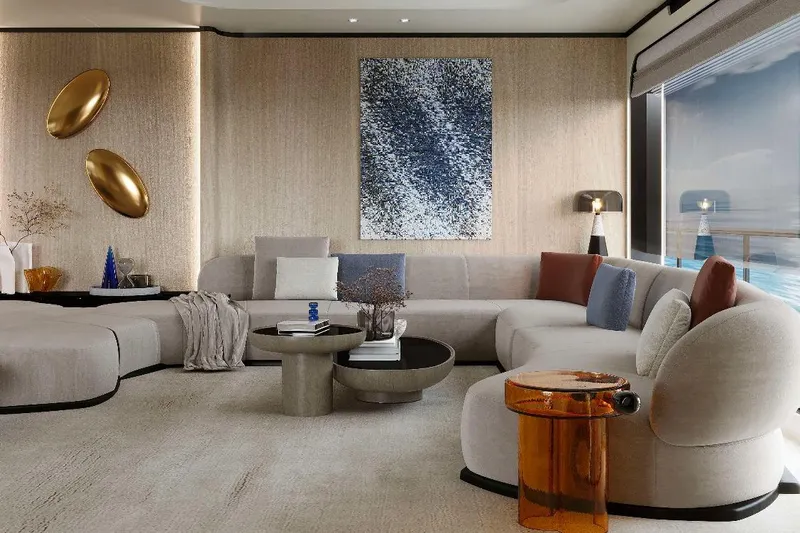 M/y Oxygen Yacht Photos Pics Luxurious 2025 47m Expedition Yacht interior with modern decor and ocean view.