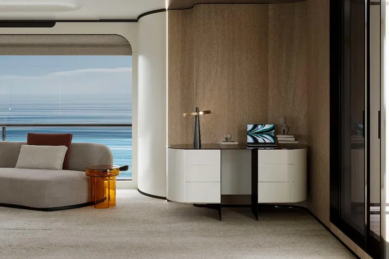M/y Oxygen Yacht Photos Pics Luxurious interior of 2025 47m Expedition Yacht with modern decor and ocean view.