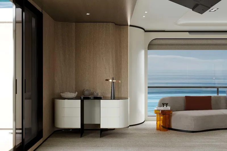 M/y Oxygen Yacht Photos Pics Luxurious interior of 2025 47m Expedition Yacht with ocean view and modern furnishings.